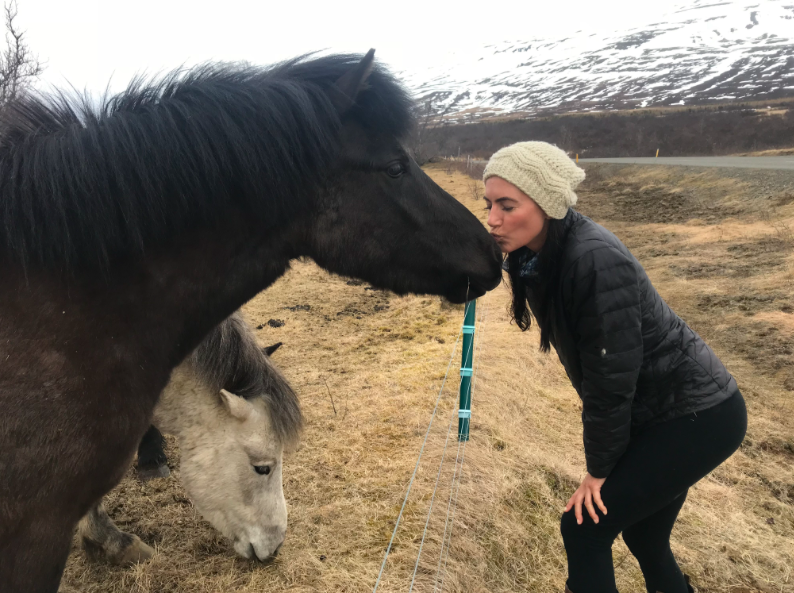une femme et des chevaux islandais sur le bord de la route 1 en islande