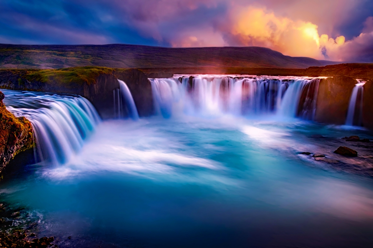 Sunset at Godafoss waterfall in Iceland