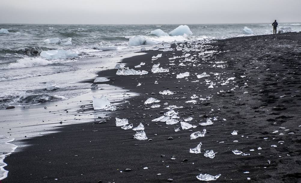 Ice on the Diamond black sand beach in South Iceland