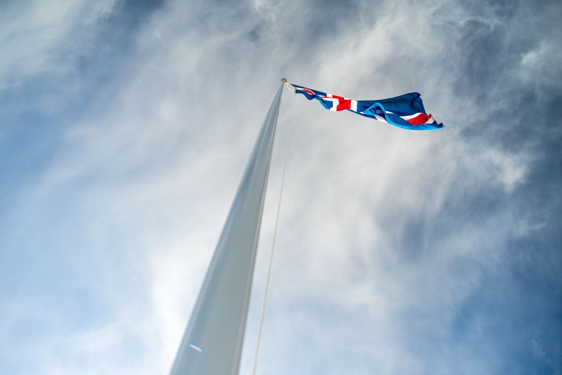 icelandic flag floating in the air, blue sky