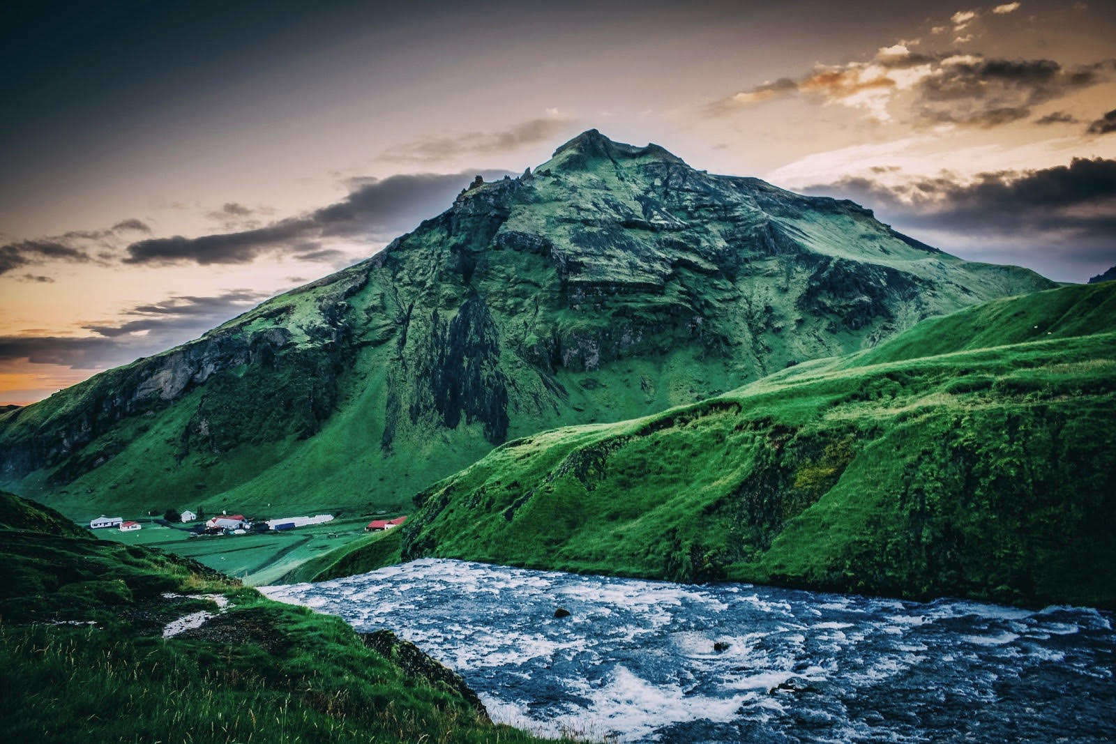 Iceland sunset in the top of Skogafoss