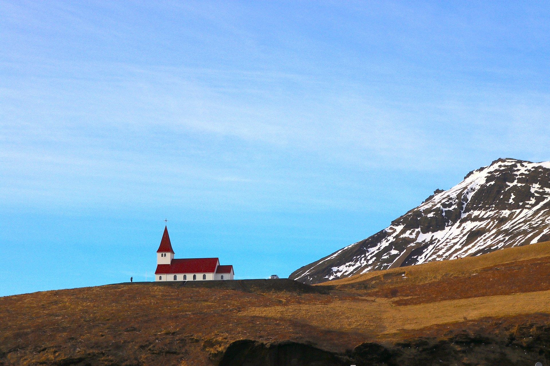 church of vik, red and white and blue sky