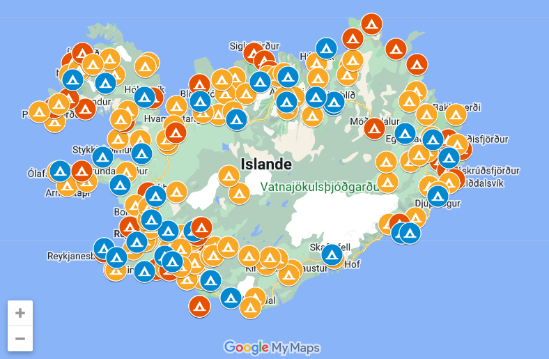 Carte des campings en Islande avec emplacements répartis sur toute l’île utile pour planifier un road trip et vérifier les campings inclus dans la Camping Card