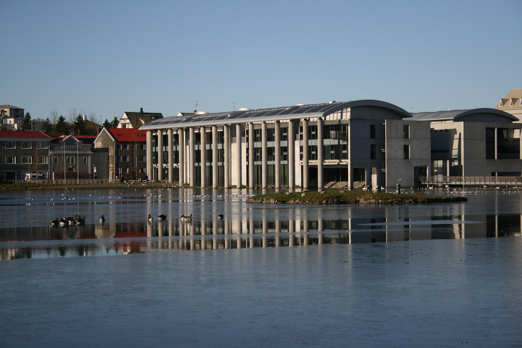 city hall reykjavik with lake Tjörnin 