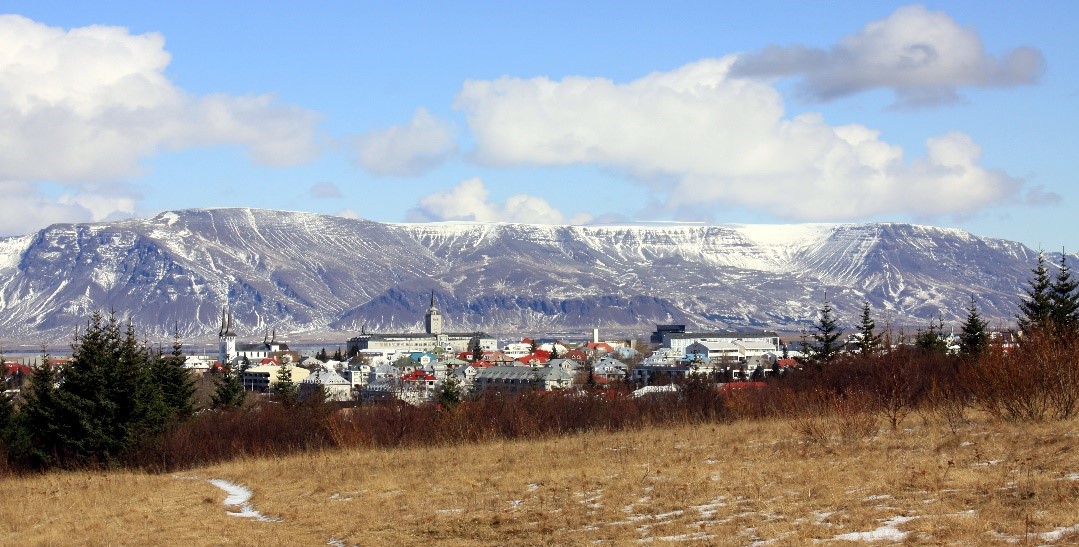 view of Reykjavik from Perlan with Esja mountains on the background